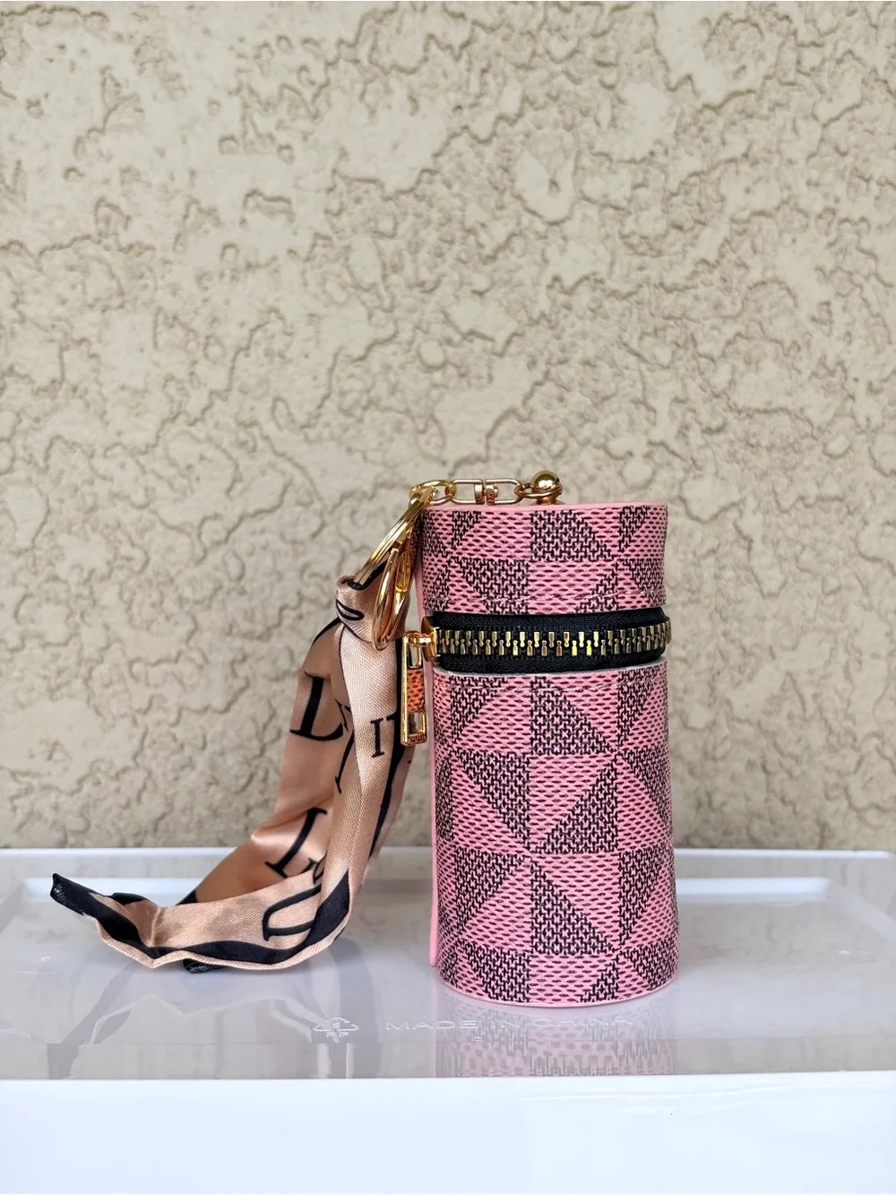 Pink Patterned Cylinder Compartment Bag with Scarf Accent